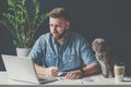 Young bearded businessman is sitting in office,using laptop and working,next to desk is gray cat. Royalty Free Stock Photo