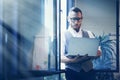 Young Bearded Businessman Wearing Glasses White Shirt Waistcoat Working Modern Laptop Holding Hands Near Panoramic Royalty Free Stock Photo