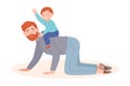 Young Bearded Father Having His Son Riding on His Back Vector Illustration