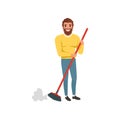 Young bearded guy sweeping cleaning floor with plastic brush. Housekeeping theme. Cartoon man in sweater and jeans Royalty Free Stock Photo