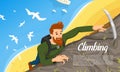 Young bearded hipster climber with Ice axe. Climbing a mountain. Activity Sport concept for poster. Tourist hiking