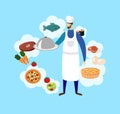 Young Bearded Male Chef in Toque and Food Icons.