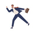 Young bearded male in suit running hold suitcase vector flat illustration. Active funny businessman in hurry or haste Royalty Free Stock Photo