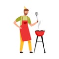 Young Bearded Man in Birthday Hat and Apron Barbecuing Vector Illustration