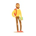 Young bearded man in casual clothes with backpack standing and holding book in his hand. Student lifestyle colorful