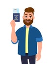 Young bearded man holding a passport with tickets. Trendy person showing boarding pass. Male character design illustration.