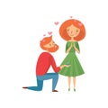 Young bearded man making proposal to his girlfriend and offering engagement ring. Romantic couple. Flat vector design