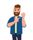 Young bearded man pointing or showing time on his wrist watch. Male character design illustration. Trendy person standing isolated