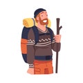 Young Bearded Man with Pole Engaged in Local Tourism Wearing Backpack and Hiking Vector Illustration