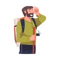 Young Bearded Man with Pole Engaged in Local Tourism Wearing Backpack and Hiking Vector Illustration