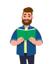 Young bearded man reading a book. Hipster person holding textbook. Male character design illustration. Modern lifestyle, education