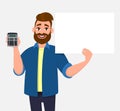 Young bearded man showing or holding digital calculator device and empty white board, blank poster, sheet with copy space in hand. Royalty Free Stock Photo