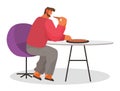 Young bearded man sitting on modern chair at a table eating pizza in a cafe on white background Royalty Free Stock Photo