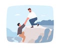 Young bearded man trying to help his friend hanging on cliff edge and pull him out. Rescue in mountains. Concept of true Royalty Free Stock Photo