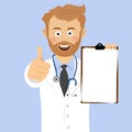 Young bearded medical doctor showing blank clipboard giving thumbs up Royalty Free Stock Photo