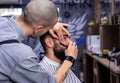 Beard and sideburns shaving and shaping with vintage straight razor.