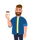 Young bearded trendy man holding a coffee cup in hand. Male character design illustration. Modern lifestyle, food and drink, break