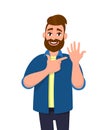 Young bearded trendy man showing wedding ring and pointing hand finger. Male character design illustration. Modern lifestyle.