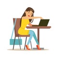 Young beatuful girl sitting at the small round table and using laptop, colorful character vector Illustration