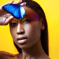 Young beautiful afro girl, with blue butterfly, beauty portrait on yellow background Royalty Free Stock Photo
