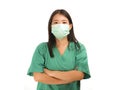 Young beautiful Asian Chinese medicine doctor woman or hospital nurse in scrubs using protective medical face mask in prevention Royalty Free Stock Photo