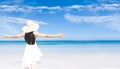 Young beautiful asian woman on the beach,standing running sitting lying with hat white dress swimwear green orange sunglasses sky Royalty Free Stock Photo