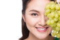 Young beautiful asian woman eating fresh grapes isolated on whit Royalty Free Stock Photo