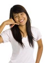 Young beautiful asian woman showing call sign