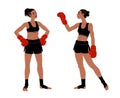 Young beautiful athletic girls greet each other. Muay Thai boxers in black gym shorts before the fight.