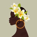 Young beautiful black woman decorated head with floral wreath. African American girl with plumeria flowers. Portrait art. Vector Royalty Free Stock Photo