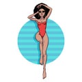 Young beautiful black woman in swimsuit. Beach girl, bikini, summer holidays. Glamour African American model. Vector comic Royalty Free Stock Photo