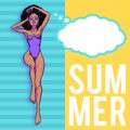 Young beautiful black woman in swimsuit. Beach girl, bikini, summer holidays. Glamour African American model. Vector comic Royalty Free Stock Photo