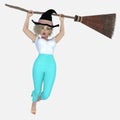 Young beautiful blond female witch hanging from a broomstick as it tries to fly away without her on an isolated white background