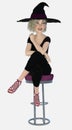 Young beautiful blond female witch sitting with her legs crossed on a tall bar stool on an isolated white background Royalty Free Stock Photo