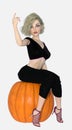 Young beautiful blond female woman seated on a big orange pumpkin with her hand up on an isolated white background Royalty Free Stock Photo