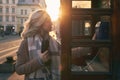 Young beautiful blond woman ready to make an important call in a vintage public phone booth on a sunny evening Royalty Free Stock Photo