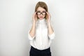 Young beautiful blonde business woman in eyeglasses after successful interview business meeting isolated white Royalty Free Stock Photo