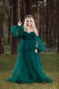 Young beautiful blonde hair woman queen. Princess walks. autumn green forest mystic. Vintage medieval shiny crown. Long evening Royalty Free Stock Photo