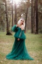 Young beautiful blonde hair woman queen. Princess walks. autumn green forest mystic. Vintage medieval shiny crown. Long evening Royalty Free Stock Photo