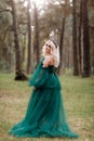 Young beautiful blonde hair woman queen. Princess walks. autumn green forest mystic. Vintage medieval shiny crown. Long evening Royalty Free Stock Photo