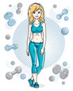 Young beautiful blonde slim woman adult standing on simple background with dumbbells and barbells. Vector illustration of nice la