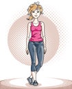 Young beautiful blonde slim woman adult standing. Vector illustration of nice lady wearing leggings and pink T-shirt. Work out