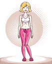 Young beautiful blonde slim woman adult standing. Vector illustration of nice lady wearing pink leggings and short shirt. Work