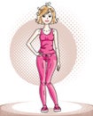 Young beautiful blonde slim woman adult standing. Vector illustration of nice lady wearing pink leggings and T-shirt. Work out