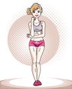 Young beautiful blonde slim woman adult standing. Vector illustration of nice lady wearing pink shorts. Work out and training