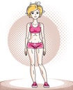 Young beautiful blonde slim woman adult standing. Vector illustration of nice lady wearing pink shorts. Work out and training