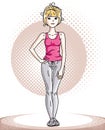 Young beautiful blonde slim woman adult standing. Vector illustration of nice lady wearing pink T-shirt and leggings. Work out