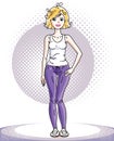 Young beautiful blonde slim woman adult standing. Vector illustration of nice lady wearing leggings and T-shirt. Work out and