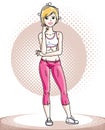 Young beautiful blonde slim woman adult standing. Vector illustration of nice lady wearing pink leggings and T-shirt. Work out