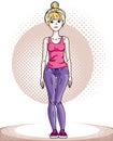 Young beautiful blonde slim woman adult standing. Vector illustration of nice lady wearing pink leggings and T-shirt. Work out